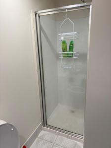 a shower with a glass door with two green bottles at Swanston Street Apartment in Melbourne