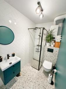 a bathroom with a shower and a toilet and a sink at Apartament przy Rynku in Sandomierz +11 photos