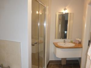 
a bathroom with a shower, sink, and mirror at Ryan's Hotel in Cong
