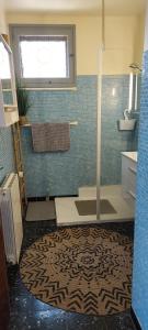 a bathroom with a shower with a rug on the floor at Villa Maison de campagne 04 Vacheres Luberon 3 chambres 8 personnes in Vachères