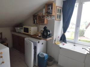 a small kitchen with a microwave and a refrigerator at La chambre CHAT,au coeur des Vosges in Ferdrupt