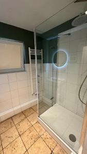 a shower with a glass door in a bathroom at Nahe Innenstadt U-Bahn Alster in Hamburg