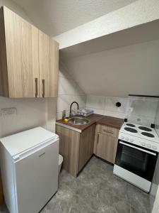 a small kitchen with a white stove and a sink at Harmony apartment in Foča