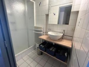 a bathroom with a sink and a shower at Charmante retraite champêtre in Bagnols-en-Forêt