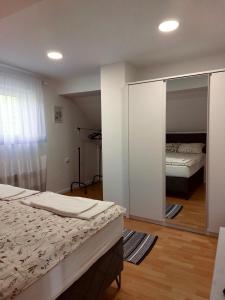 a bedroom with two beds and a mirror at Vikendica Niki - Village house with pool in Ćetojevići +12 photos