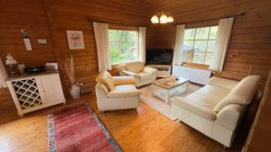 a living room with two couches and a tv at Blockhaus Ville in Thören