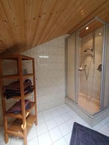 a bathroom with a shower and a shelf with towels at Biohof Dimper - HühnerNest in Saulgrub