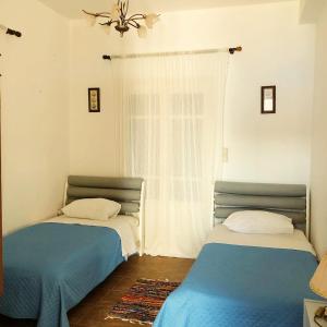 twee bedden in een kamer met een raam bij Villa Irene in Kalymnos