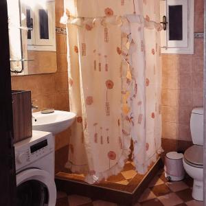 een badkamer met een wastafel en een douchegordijn bij Villa Irene in Kalymnos +16 foto's