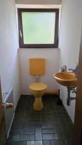 bagno con servizi igienici gialli e lavandino di Ferienwohnung Pele a Freudenberg am Main Altre 2 foto