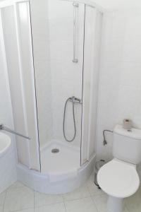 a white bathroom with a shower and a toilet at Guest House Kaskáda in Vrané nad Vltavou +26 photos