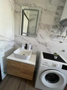 a bathroom with a sink and a washing machine at Apartman Stipe in Neum +20 photos