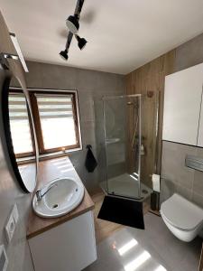 a bathroom with a sink and a shower and a toilet at Przystanek Zawóz in Zawóz +32 photos