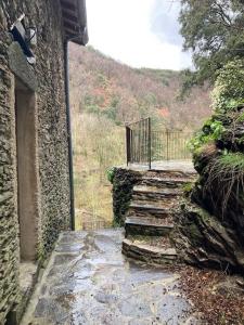 Un edificio de piedra con una puerta y algunas escaleras. en Gîte Le COCON au Clarou, en Valleraugue