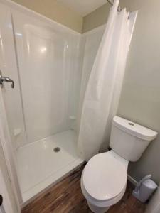 a white bathroom with a toilet and a shower at 201 Cabins in Jackman