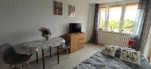 a bedroom with a table and a bed and a television at Słoneczne Centrum Apartament in Suwałki