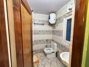 a small bathroom with a toilet and a sink at Hotel Tirupati Inn Hill View in Shimla