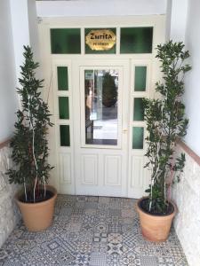 dos macetas sentadas frente a una puerta en Pension Zurita, en Granada