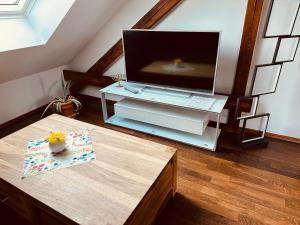 a living room with a tv and a table at Moderne Wohnung im Grünen in WRN in Werneuchen