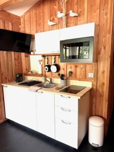 a kitchen with a counter with a sink and a microwave at La Maison Moutchic in Lacanau