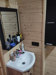a bathroom with a sink and a mirror at Bajkowa Chatka in Bodzentyn +53 photos