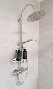 a shower with a shower head in a bathroom at RegioStyle Apartment an der Müritz in Waren