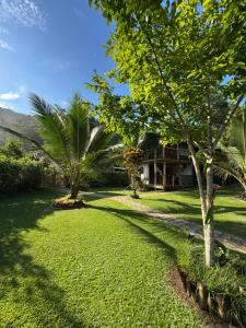 a yard with palm trees and a house at FLORA Praia do Sono in Paraty