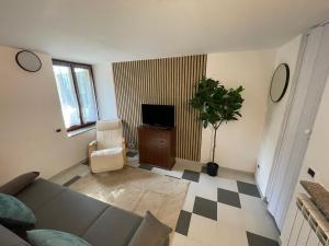 a living room with a couch and a tv at Lakefront Apartment with Panoramic Pool in Ranzanico
