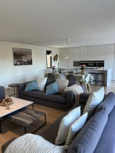 a living room with two couches and a kitchen at Villa Les Jasmins - Le Cannet-Vallauris - Modern with AC, ideal for fun and work in Vallauris