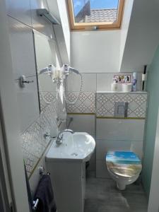 Un baño pequeño con lavabo e inodoro. en Palanga Cozy Studio, en Palanga