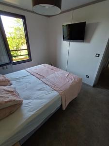 a bedroom with a bed and a flat screen tv at Marseillan Pomérols loue cottage in Pomérols +23 photos