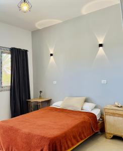 a bedroom with a bed and two lights on the wall at Boutique sea lodge in Nuweiba‘ el Muzeinah