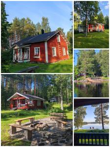 four different pictures of a cabin and a lake at Villa Lahtela in Kajaani