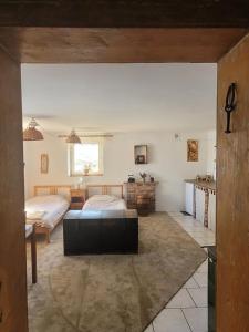 a bedroom with two beds and a living room at Na końcu dróżki in Radoniów