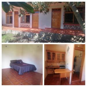 two pictures of a bedroom and a house at Residencias Los Hasses in Santiago Atitlán