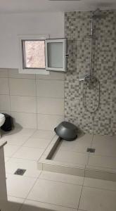 a bathroom with a shower in the corner of a room at Medusa House in Nea Skioni +18 photos