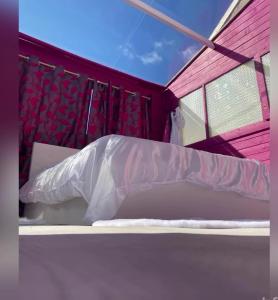 un lit avec une couette blanche dans une chambre rose dans l'établissement location insolite nuit étoilée, à Bettaincourt-sur-Rognon
