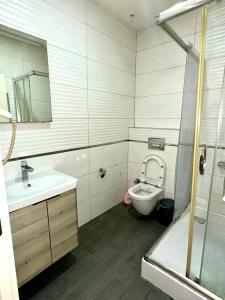 a bathroom with a toilet and a sink and a shower at Center Hotel Two in Istanbul