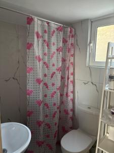 a bathroom with a shower curtain with pink flowers on it at Haus Rosi in Rhodes Town