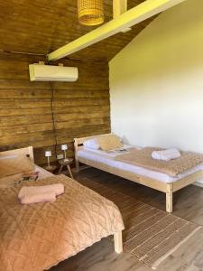 2 letti posti in una stanza con pareti in legno di Casuta 5 a Ciocănari