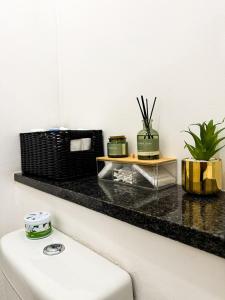 Un baño con una encimera negra con plantas. en Mayvlei Luxury CBD apartment, en Windhoek