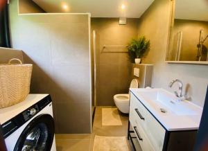 a bathroom with a washing machine and a sink at Morning Glory Huisje Salvia in Beekbergen +24 photos