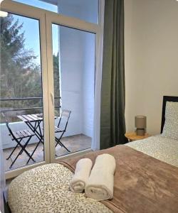 a bedroom with a bed and a balcony with a view at Brussels apartment with terrace 2 in Brussels