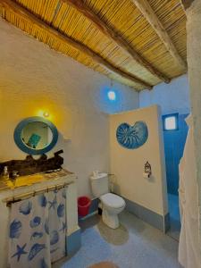 a bathroom with a toilet and a sink with a mirror at Dar Oasis Moringa in Merzane +54 photos