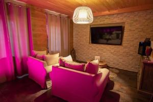 a living room with two pink chairs and a tv at Charme Suite - Antre-parenthèse in Gravelines