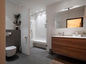 a bathroom with a shower and a toilet and a sink at B&B 't Oventje in Zeeland +25 photos