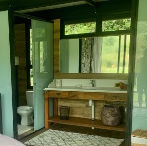 ein Badezimmer mit Waschbecken, Spiegel und Toilette in der Unterkunft Fazenda Caminho do Ouro in São José do Barreiro