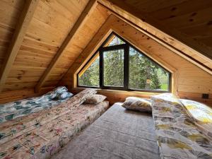two beds in a room with a large window at Mirsads Mountain Cottage in Plav
