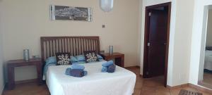 a bedroom with a bed with blue pillows on it at Villa Ca Na Llum in Trebeluger