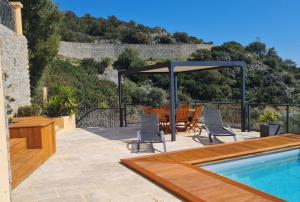 a patio with a table and chairs and a pool at les gites de pietra rossa in Bastia